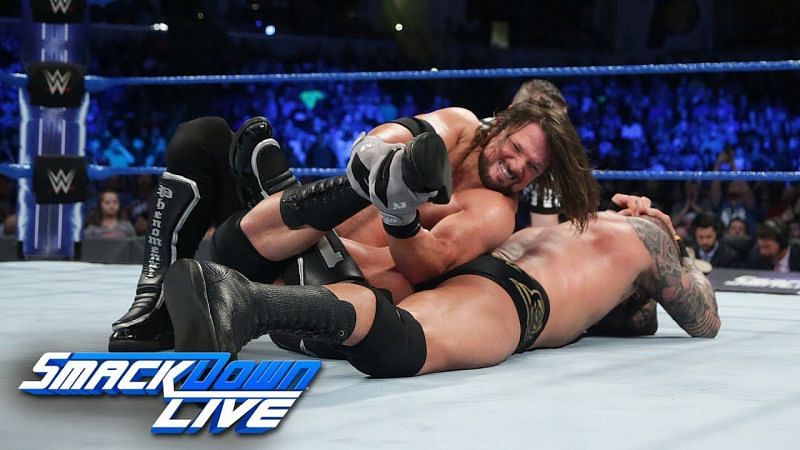 AJ Styles fighting Randy Orton on a SmackDown Live episode in 2017