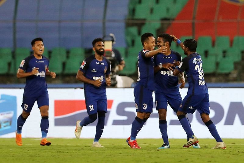 Chennaiyin players celebrate after a goal