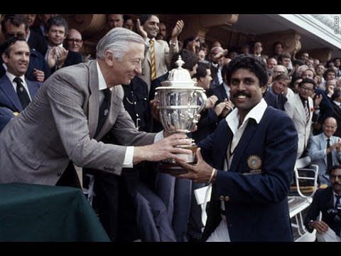Kapil Dev with the World Cup trophy after India defeated the Windies in 1983