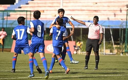 Bengaluru FCâs Chandan Biju is congratulated by teammates after scoring a goal against Jain Academy in the Hero Sub-Junior League at the Bangalore Football Stadium on Sunday