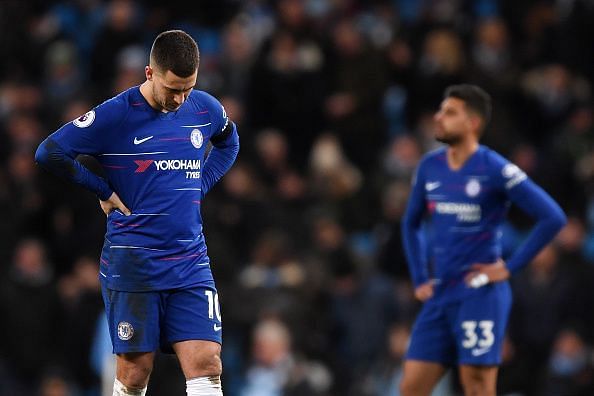 Eden Hazard (L) and Emerson (R) look defeated during the 6-0 hammering by Man City