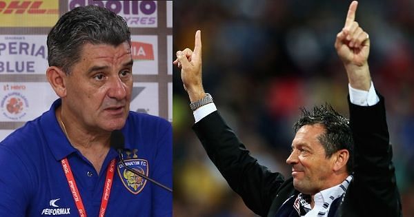 Chennaiyin FC coach John Gregory (left) and FC Pune City boss Phil Brown