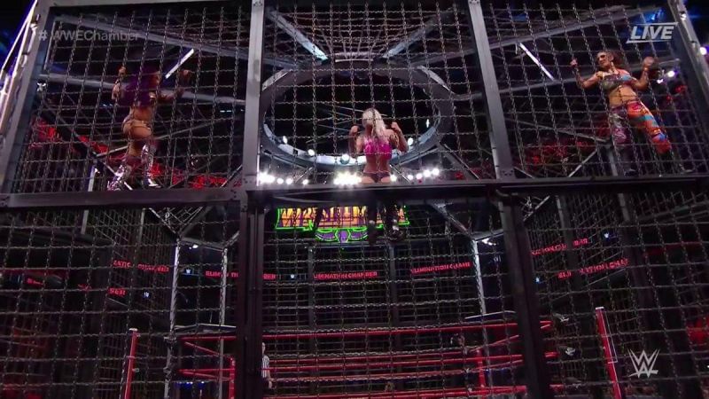 Sasha Banks, Bayley, and Alexa Bliss in the Elimination Chamber