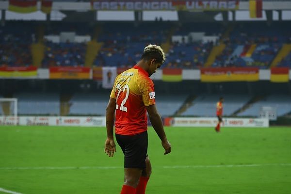 Jobby Justin of East Bengal is dejected after a missed opportunity against Aizawl FC