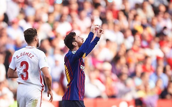 Lionel Messi struck a magnificent volley to equalize with Sevilla in the first half
