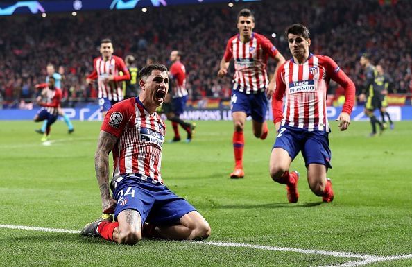 Jose Gimenez celebrates after scoring a goal