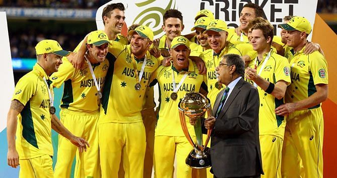 The Australian team being presented the ICC World Cup 2015