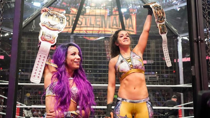 Sasha Banks and Bayley after becoming first WWE Women&#039;s Tag Team Champions