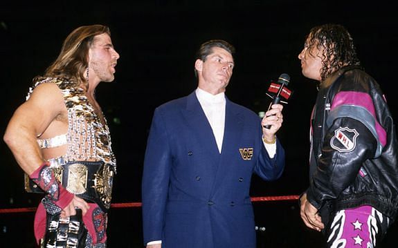Bret Hart (r) confronts Shawn Michaels (l) in early 1997
