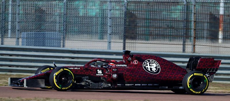 Kimi Raikkonen at the wheels of the St.Valentine liveried Alfa Romeo