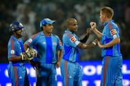 Shaun Pollock(R) celebrating with Sanath Jayasuriya after picking up a wicket