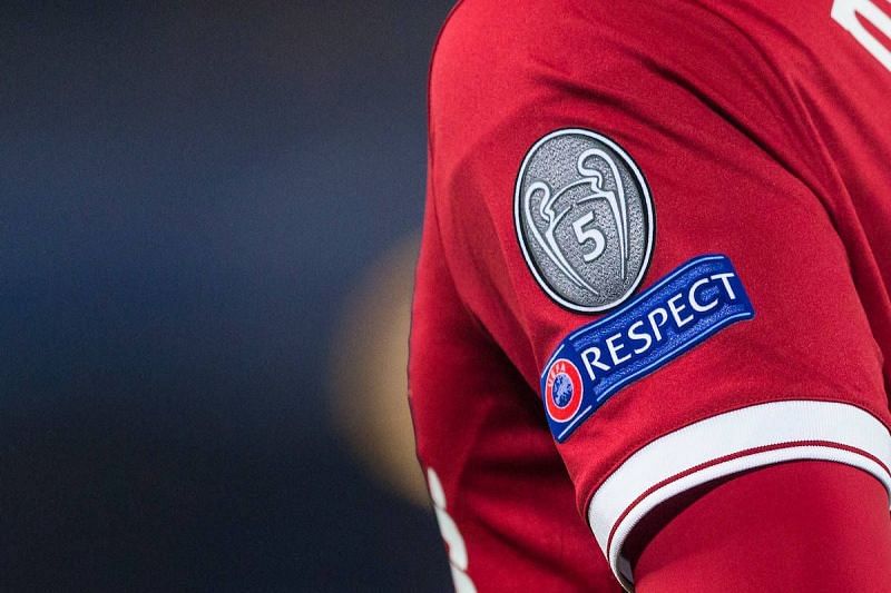 The UEFA Respect badge on an England home shirt on June 16, 2021