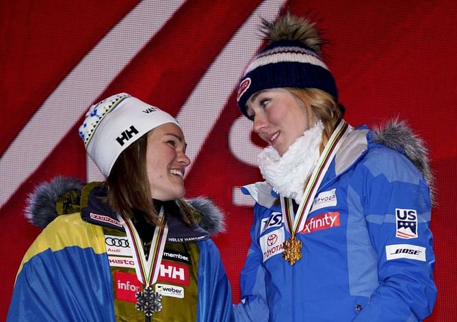 The Latest: Shiffrin calls Swedish fan up to stage