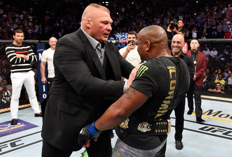 Lesnar in a WWE-style segment with Daniel Cormier, who is also rumored to be WWE-bound