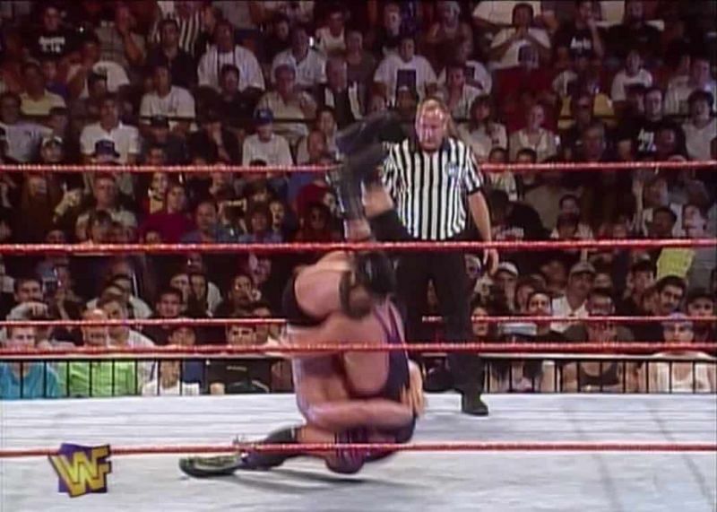 Owen Hart performing a Piledriver on Steve Austin