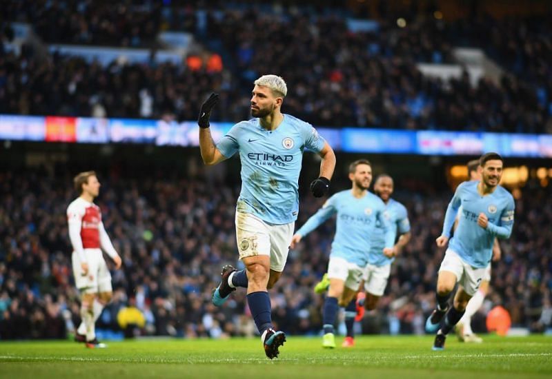 Aguero celebrates after completing his hat-trick against Arsenal