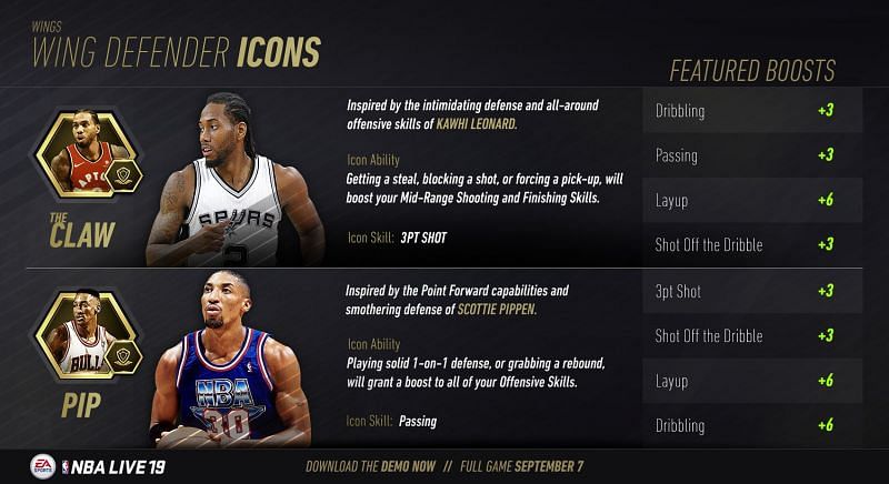 NBA Live &#039;19: wing defender icons. Gives you the all-around offensive skills of players like Kawhi Leonard or the forward capabilities of Scottie Pippen.