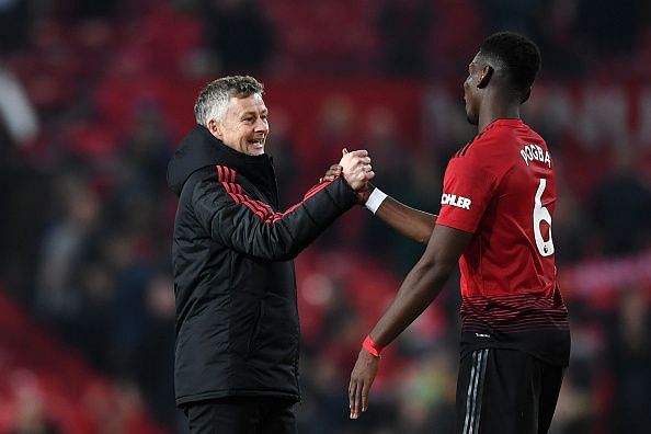 United&#039;s upbeat manager Ole Gunnar Solskjaer with Paul Pogba