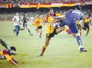 Players involved in a brawl during the match