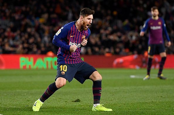 Lionel Messi celebrates after scoring in the LaLiga