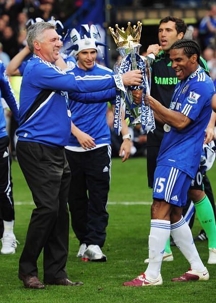 Carlo Ancelotti, Chelsea&#039;s manager and all-around tactical mastermind celebrates winning the Premier League