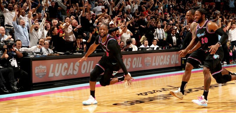 Wade celebrates after making his fitting, but ridiculous buzzer beater last night