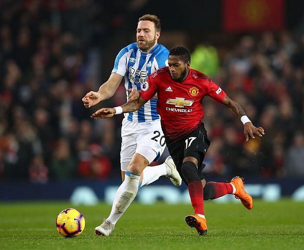 Fred in action against Huddersfield Town