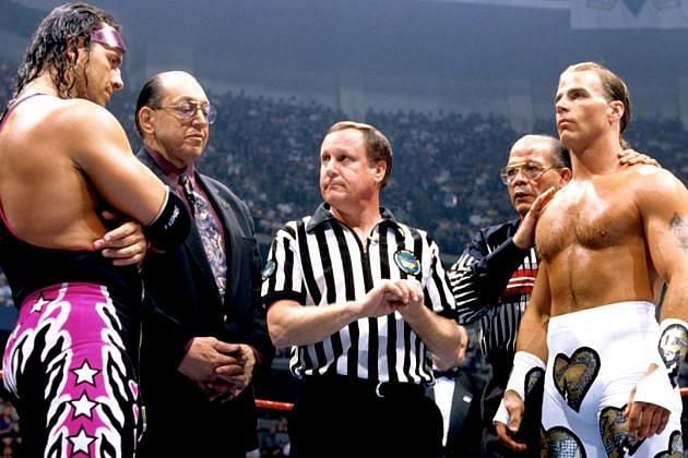 Hart, Gorilla Monsoon, Earl Hebner, Jose Lothario and Michaels before the match.