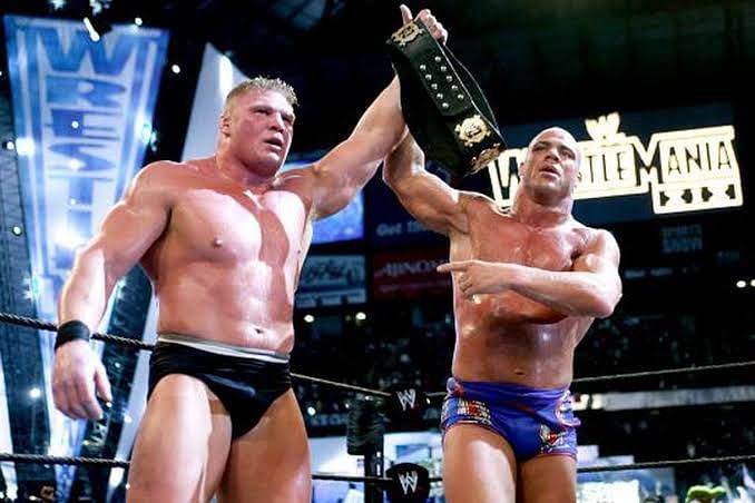 Lesnar and Angle after their WrestleMania match!