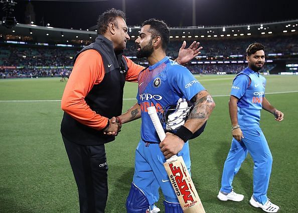 Shastri and Kohli during the India-Australia T20I series