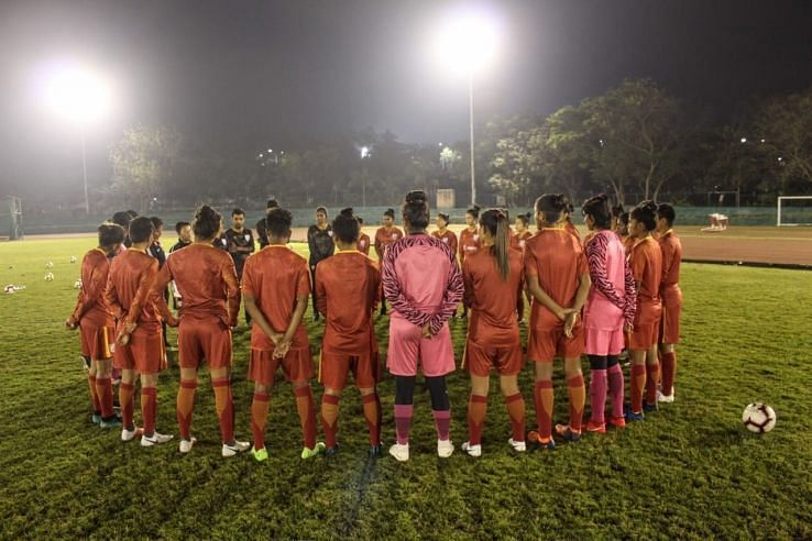 Players of the Indian Women&#039;s Football team during a training session