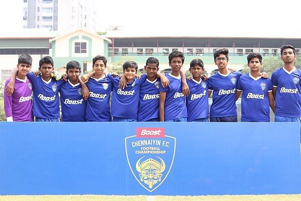 Boys from the Bhavan&#039;s Rajaji Vidyashram U-15 team after their Boost-Chennaiyin FC Football Championship match