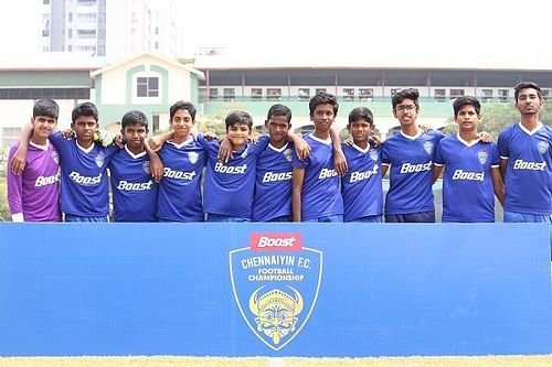 Boys from the Bhavan's Rajaji Vidyashram U-15 team after their Boost-Chennaiyin FC Football Championship match