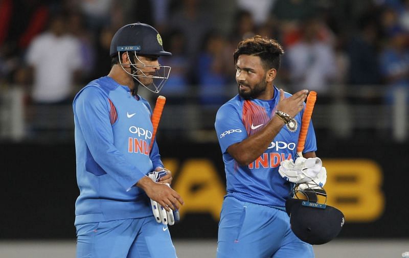 Auckland: India&#039;s MS Dhoni and Rishabh Pant celebrate after winning the second T20I match against New Zealand at Eden Park in Auckland, New Zealand on Feb 8, 2019. (Photo: Surjeet Yadav/IANS)