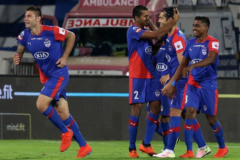 Bengaluru players celebrate a goal [Image: ISL]