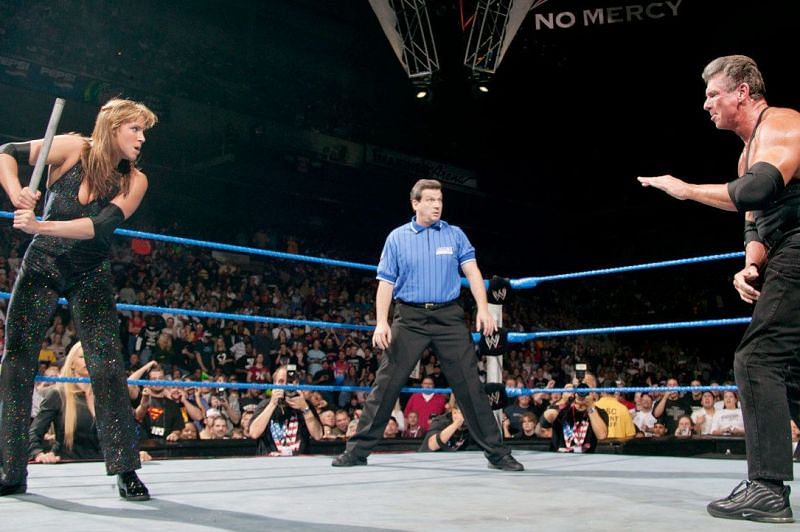 Stephanie McMahon faces off against the CEO Vince McMahon in 2003.