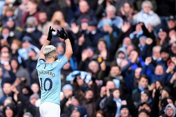 Aguero celebrates one of his goals, during another memorable display from the world-class Argentine