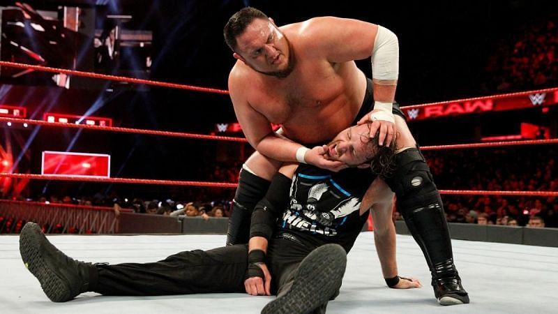 Samoa Joe battling Dean Ambrose on Raw