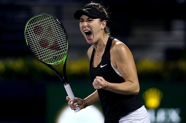 Belinda Bencic clenhces her fist during the Championship match at the Dubai Duty Free Tennis Championships
