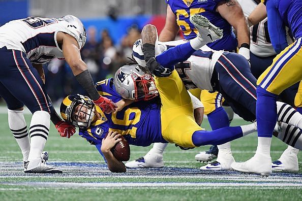 Jared Goff gets tackled during Super Bowl LIII