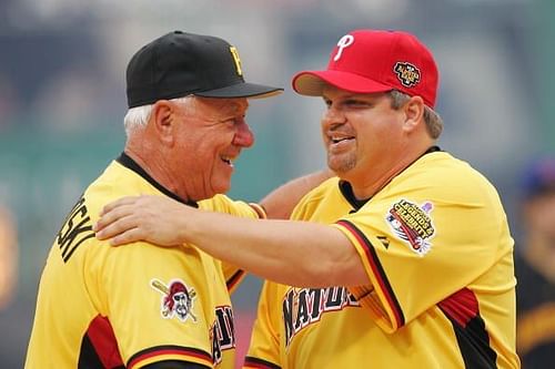 John Kruk (right) at the Taco Bell All-Star Legends & Celebrity Softball Game