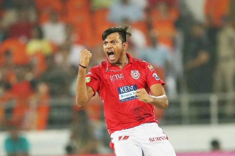 Ankit Rajpoot celebrates after taking his 5-fer