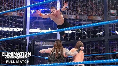 John Cena launches himself through the air at Bray Wyatt and Daniel Bryan