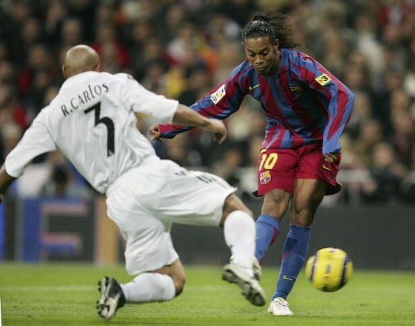 Ronaldinho scoring his first of the evening at the Bernabeu in 2005.