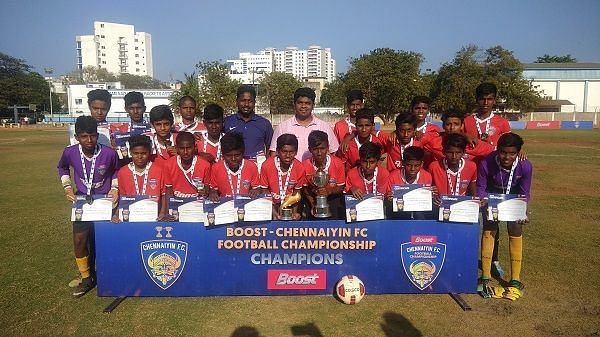 Jeppiaar, winners of the Boost Chennaiyin FC Football Championship (U-15)