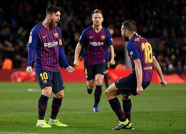 Barcelona players celebrate after the second goal