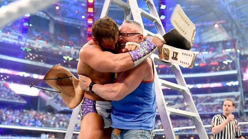 Zack Ryder hugging his dad after his WrestleMania win