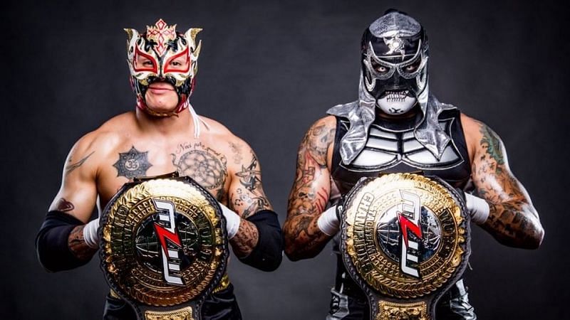 Pentagon Jr. and Fenix with the MLW (Major League Wrestling) Tag Team Championships.