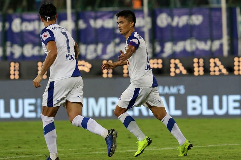 Chhetri celebrates with Miku after the goal