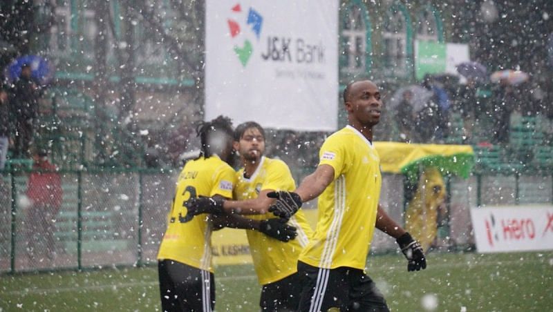 Real Kashmir players celebrating after the goal